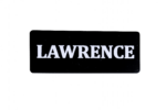 Custom engraved black name badge with white text LAWRENCE