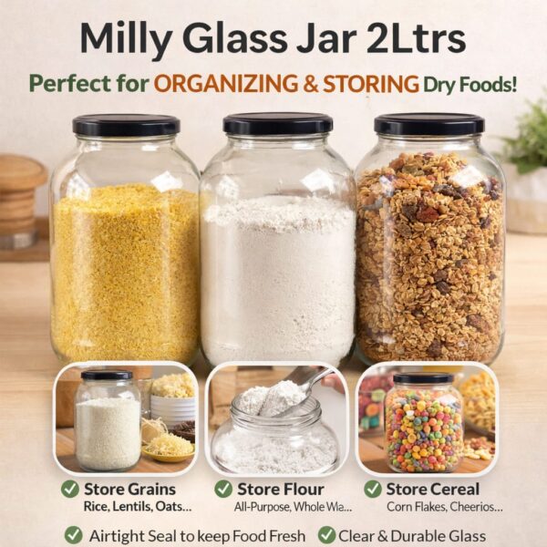 Clear Milly 2 litre glass jar with airtight lid for storing dry foods like rice, pasta, and cereals in kitchen pantry